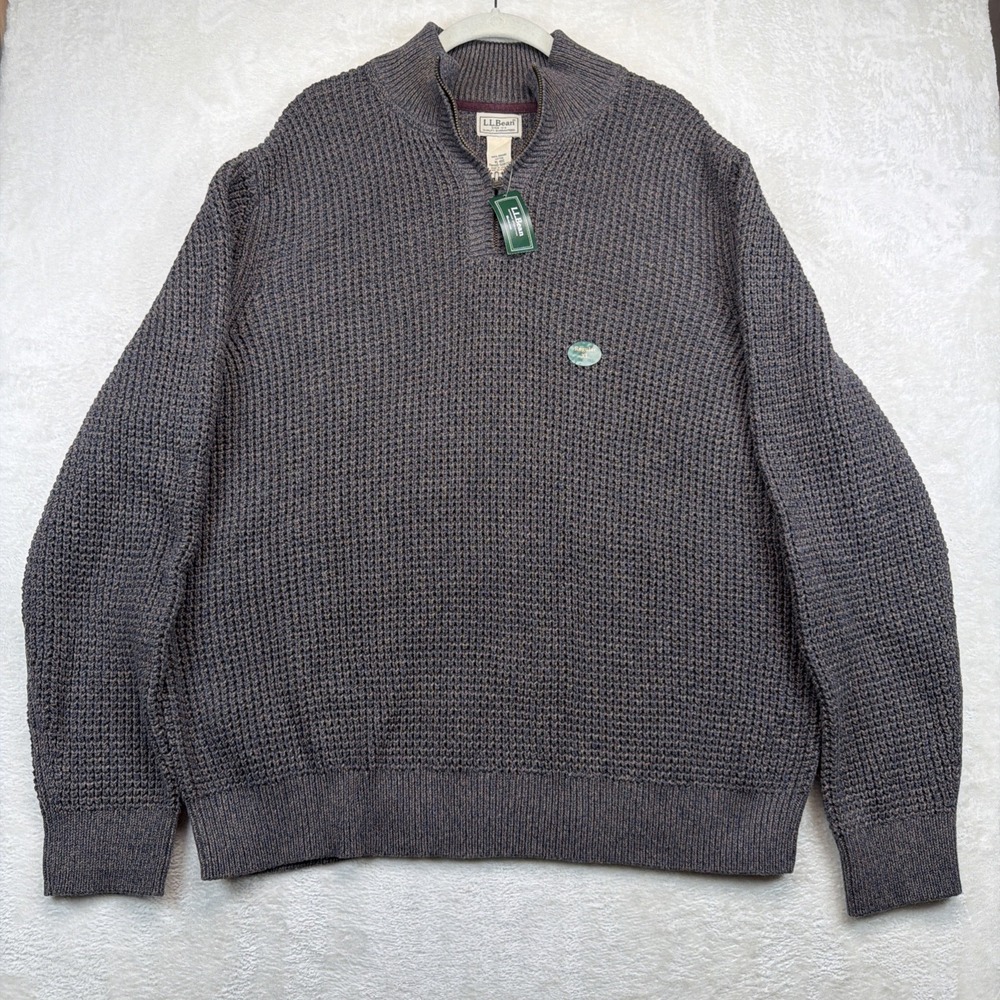 LL Bean Mens Quarter Zip Sweater XL Cotton Waffle Knit Pullover Gray NWT